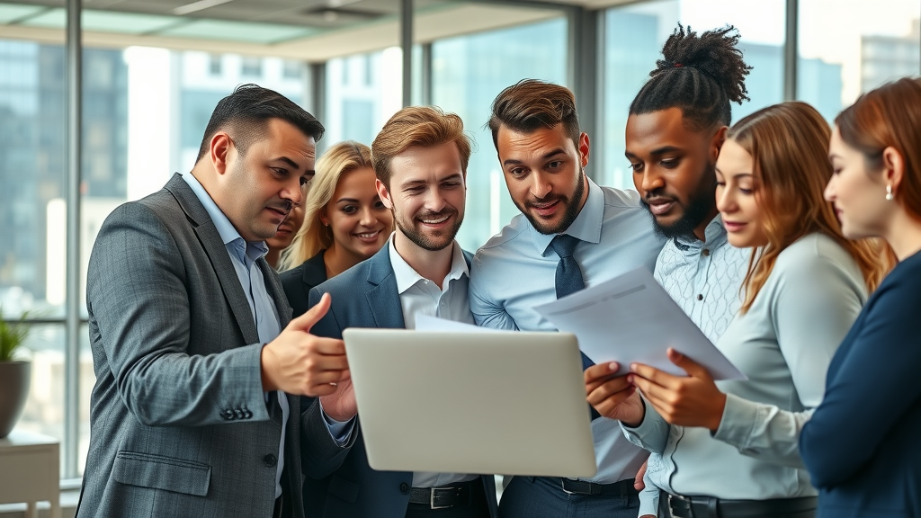 Modern diverse business team discussing marketing strategies around a laptop in a contemporary office with city views, exemplifying mlm business guides collaboration