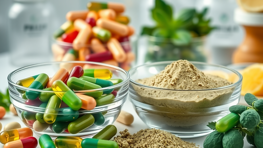 biolimitless ingredients in modern wellness supplement form, vibrant natural capsules and powders in clinical setting