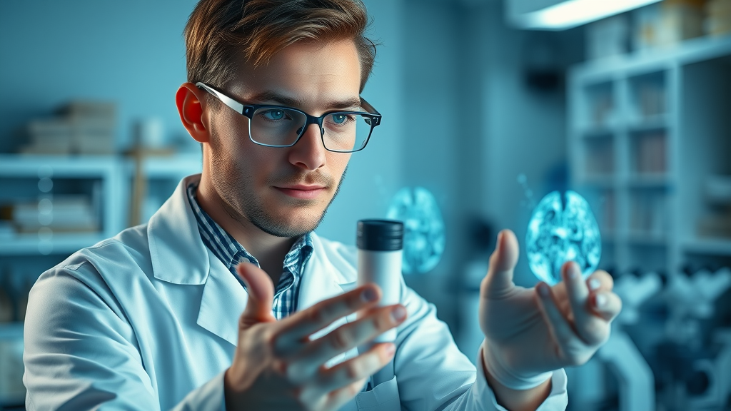 biolimitless natural nootropics research, scientist analyzing neural activity scan, laboratory background with glowing brain model