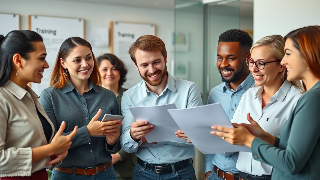 energetic team of professional network marketers collaborating with mlm training materials in modern office, confident expressions, photo-realistic, vibrant colors