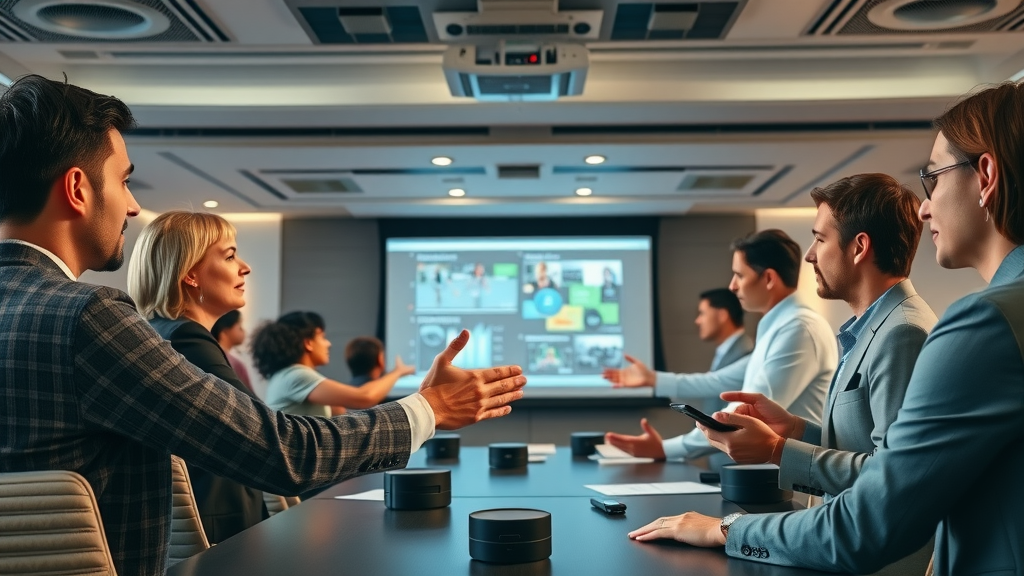Dynamic MLM business presentation blending software demos with team interaction, illustrating the integration of technology and personal connection as recommended by mlm business guides