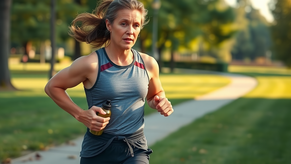 Determined athlete jogging with biolimitless cognitive enhancement, showing synergy of physical activity and cognitive support.