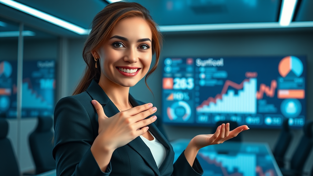 Inspiring businesswoman presents MLM online tutorial statistics in a corporate conference room, digital data visuals emphasizing results from network marketing training.