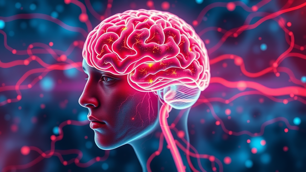 Biolimitless natural nootropics synergy, healthy brain blood flow with dynamic visual effects, digital abstract representing cognitive health
