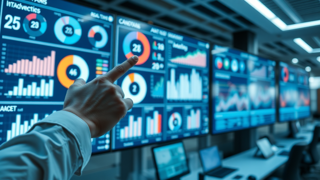 interactive analytics dashboard for multi-level marketing tools with real-time data and charts in a high-tech office
