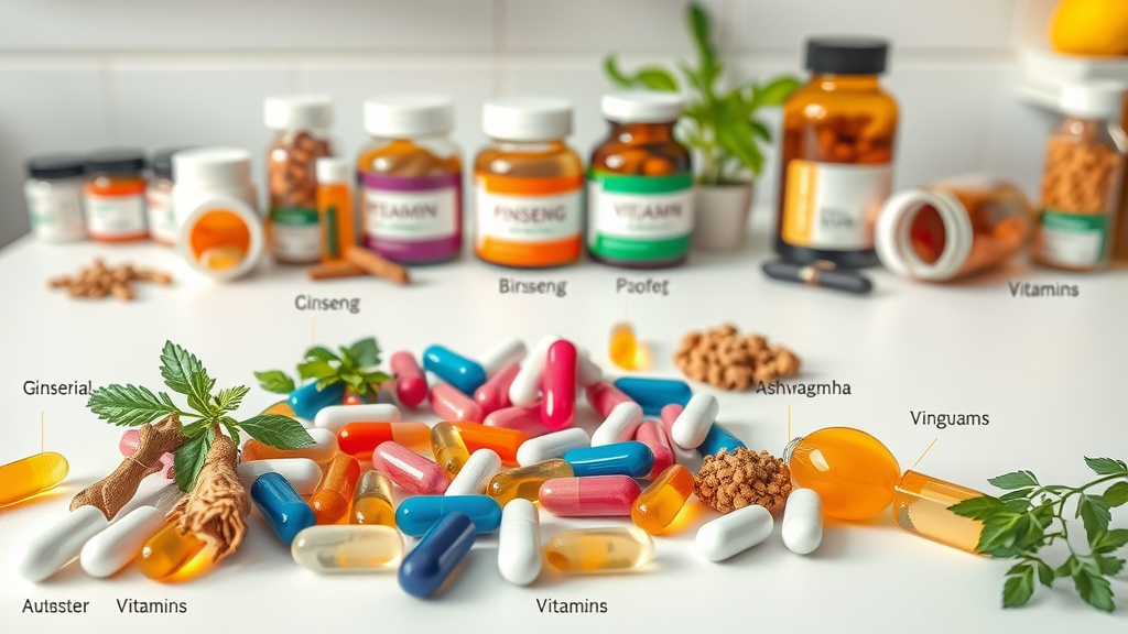 Colorful supplement capsules and natural extracts, ingredients like ginseng, ashwagandha, vitamins for mental health and human potential, arranged for biolimitless supplements