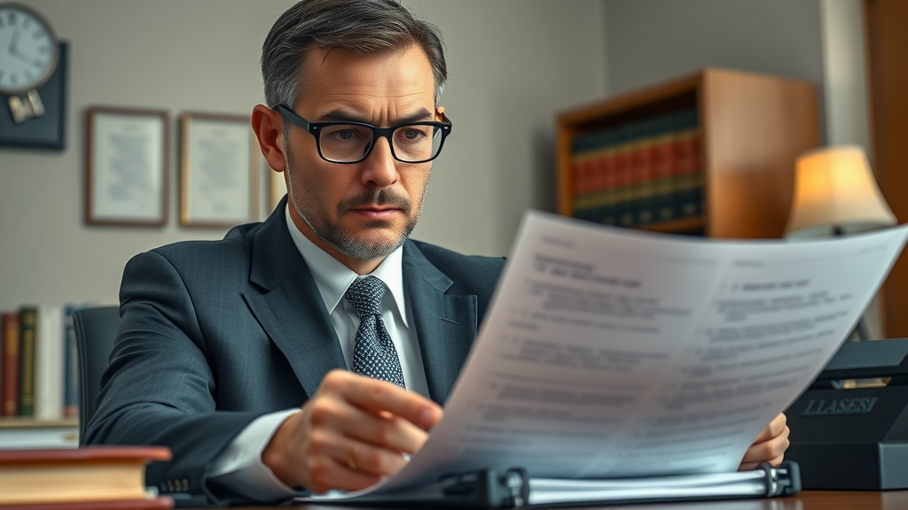 Serious compliance officer reviewing legal documents in a professional US office, illustrating critical compliance in multilevel marketing