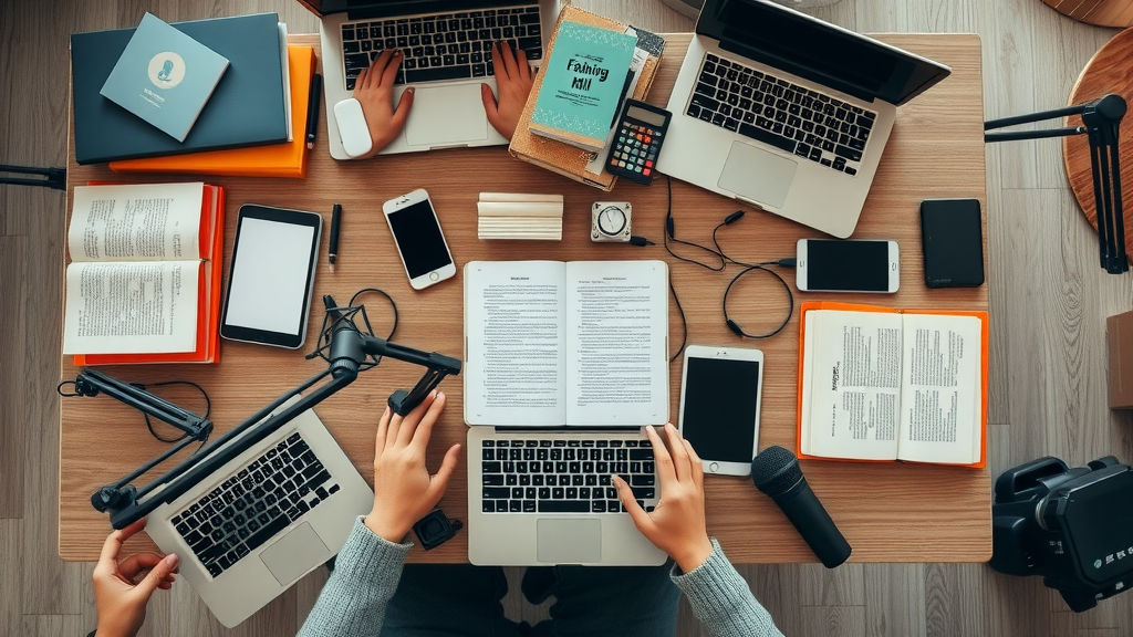 collection of mlm educational resources, laptops, books for network marketers