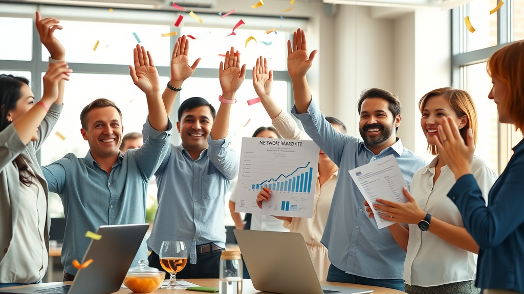 celebratory network marketing team boosting sales with training certificates, high-fives and charts, photorealistic, brightly lit office