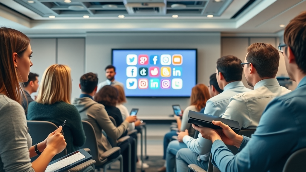 modern social media network marketing training session, participants engaged and taking notes during interactive live demo, highly detailed pastel conference room