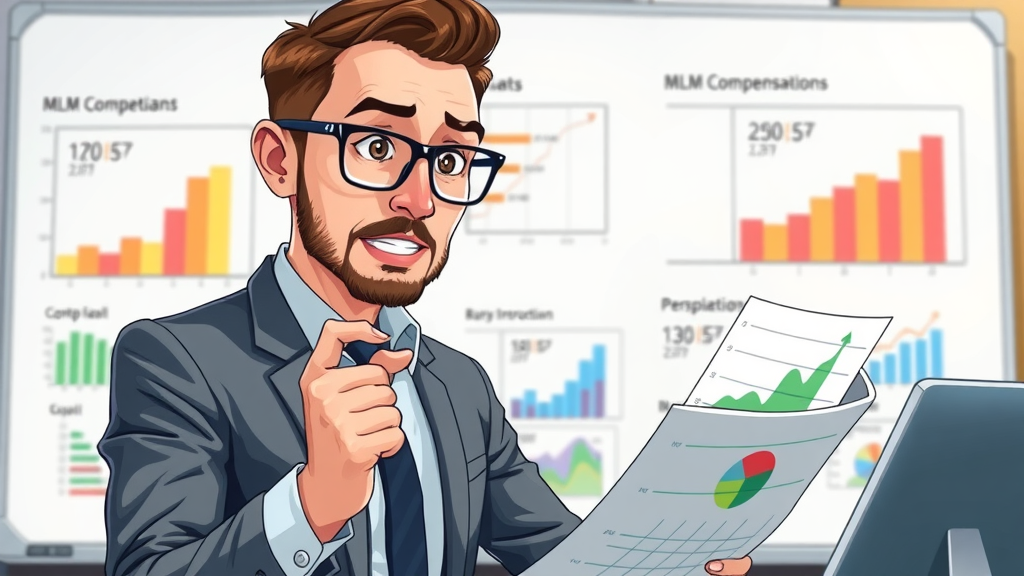 Professional analyst comparing MLM compensation plans with colorful charts on a whiteboard, demonstrating effective business models in mlm business guides