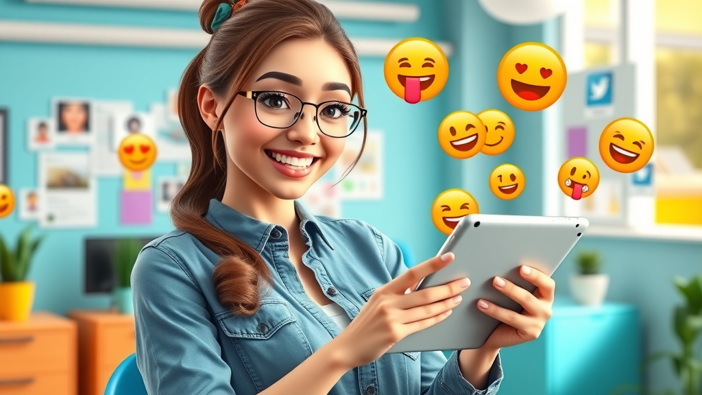 Energetic woman creates social media marketing content on a tablet for MLM online tutorials, colorful office setting with social media icons and animated emojis.