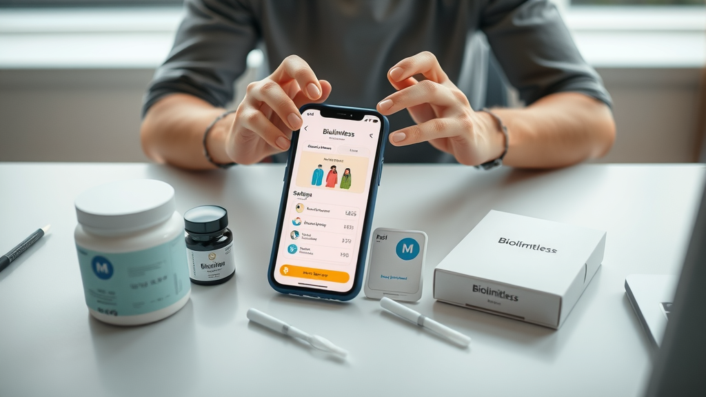 Supplement kit, smartphone with Biolimitless app, DNA swab kit, on desk, user about to start, biolimitless supplements buying guide