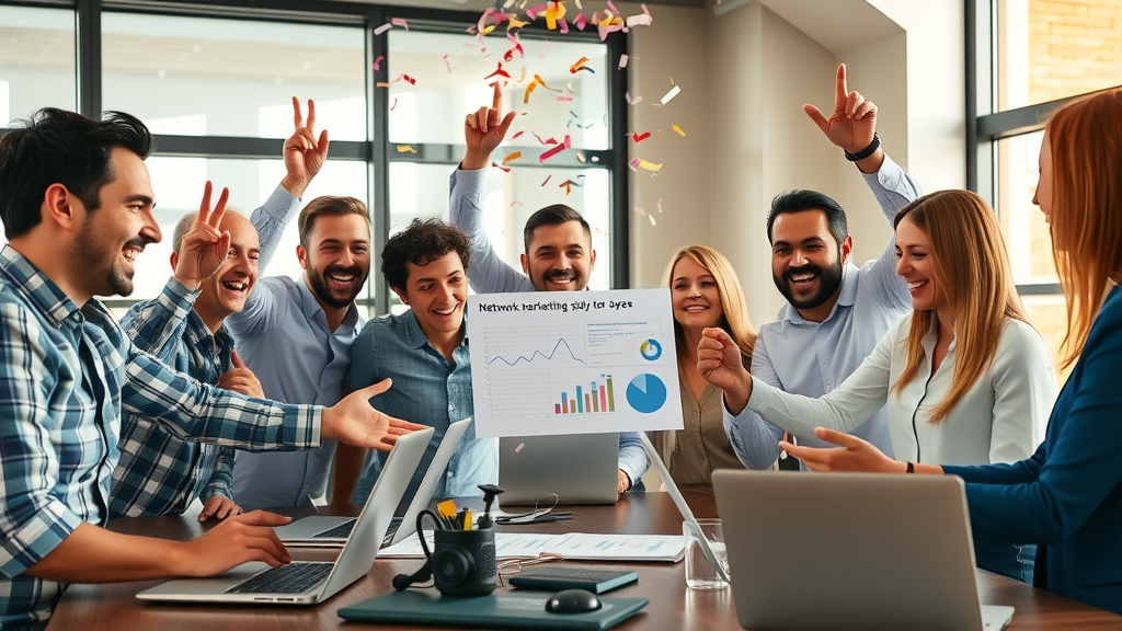 Enthusiastic team reviews network marketing case study results from MLM online tutorials, contemporary boardroom celebrating business growth.