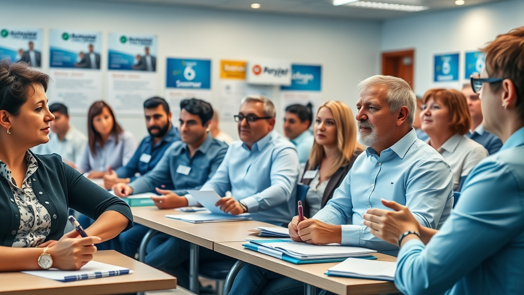 multi-level marketing courses, vibrant classroom, engaged adult learners, professional training environment