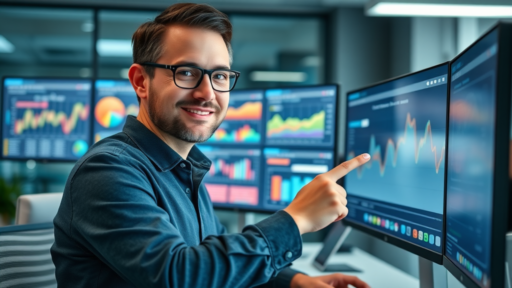 confident marketer analyzing video email campaign results on modern office monitor with talk fusion dashboard