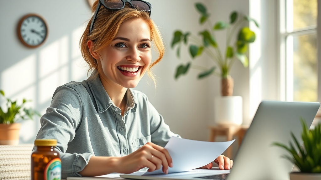 Joyful woman with energetic focus, working productively in home office with biolimitless supplements, bright sunlight, natural mood, biolimitless limitless life success story