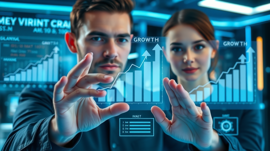 dynamic digital graphic showing growth progression with mlm training modules for network marketing, holographic charts, sharp futuristic style