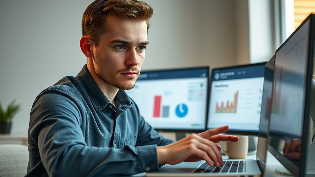 Focused young man using MLM software dashboard with dual screens in a workspace, demonstrating hands-on network marketing training with online tutorials.