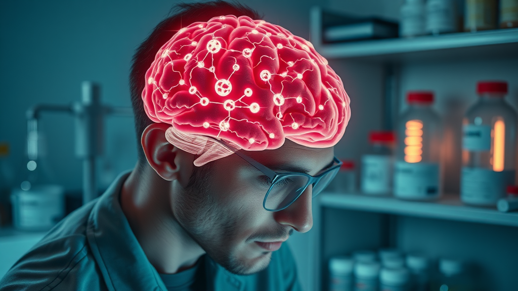 Vibrant brain with clear synaptic connections, person in deep focus, mental sharpness, science laboratory background, supplement bottles, glowing neurons - biolimitless supplements in science setting