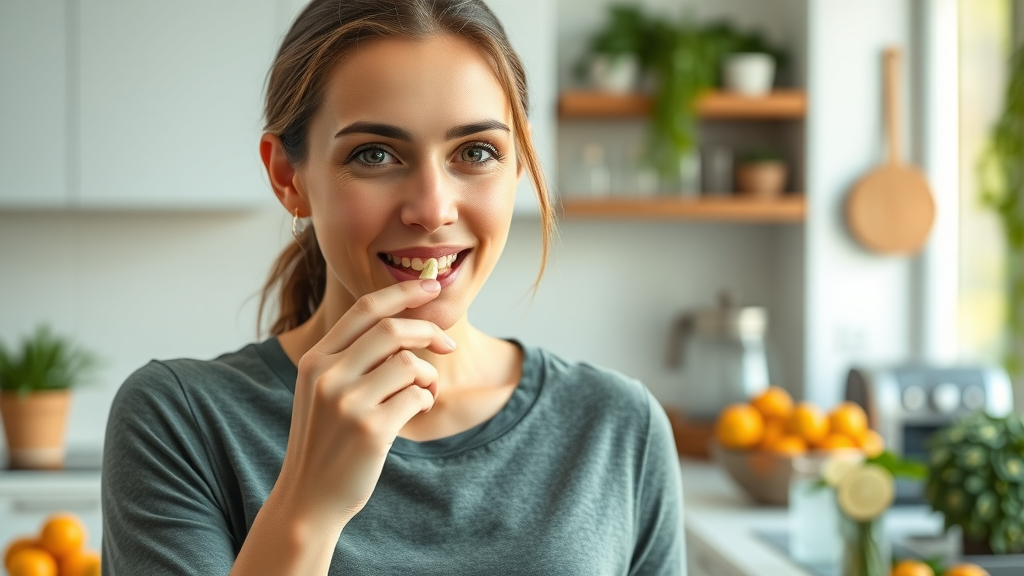 Motivated wellness enthusiast taking Biolimitless daily supplement, bright kitchen with healthy foods, action for cognitive wellness