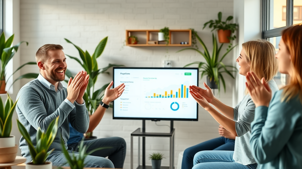 small business team celebrating video email marketing campaign success with talk fusion dashboard