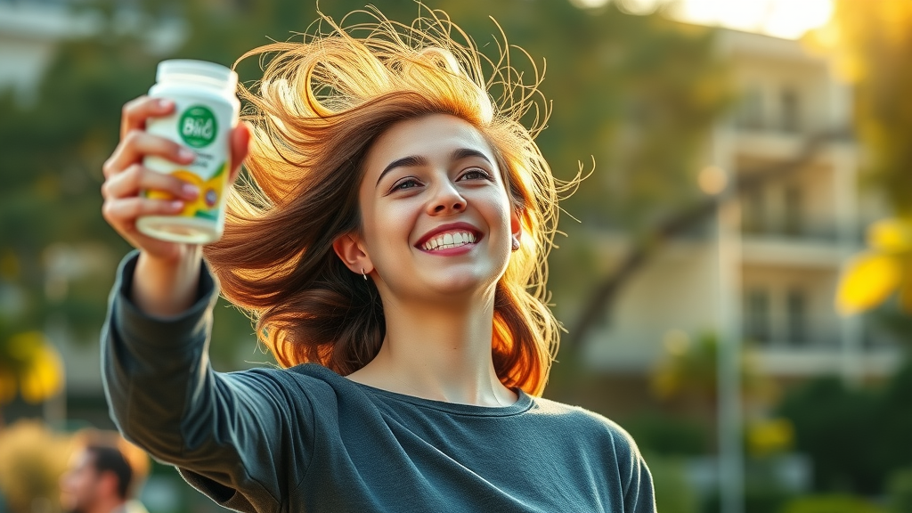 Empowered adult confident in Biolimitless natural nootropics, outdoor park, sunlight and greenery, leader in brain health solutions