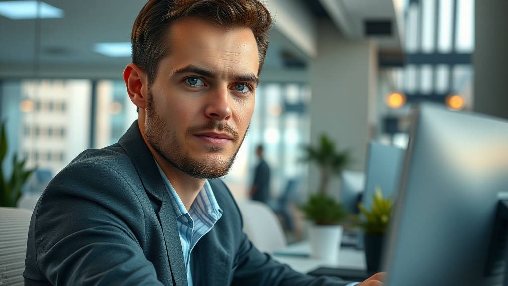 A focused professional working at a computer, exemplifying productivity and brain function, with biolimitless cognitive enhancement.