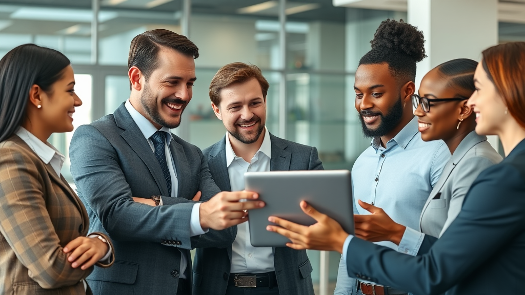 dynamic global business meeting, confident diverse businesspeople discussing strategy using multi-level marketing tools in a modern office with digital interface background