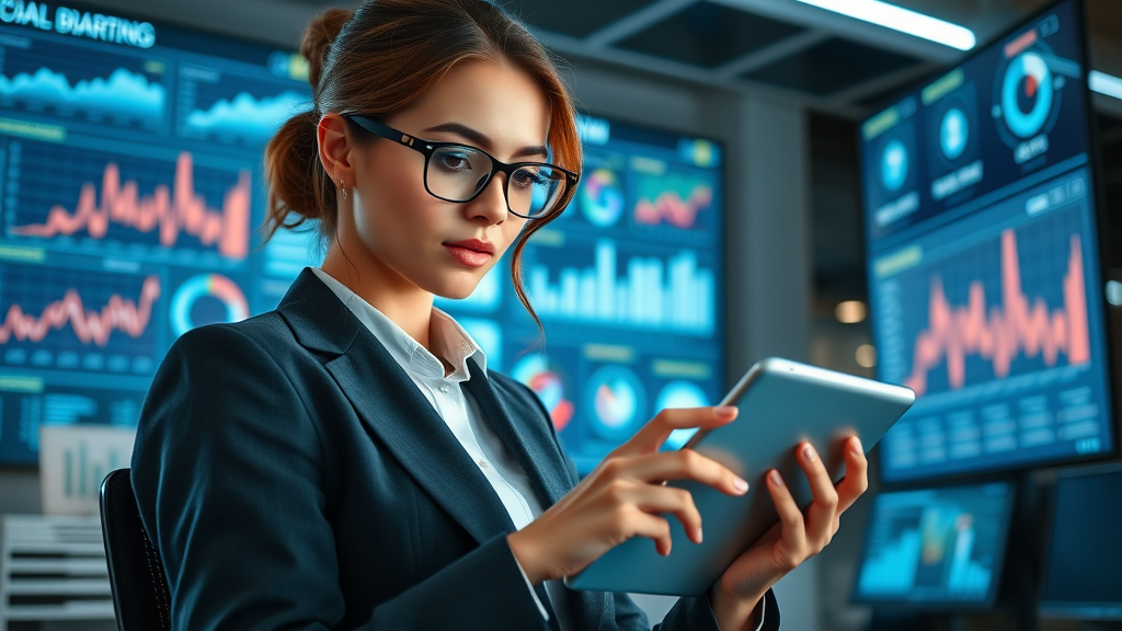 Inspirational tech-savvy businesswoman analyzing digital MLM dashboard on tablet, representing modern mlm business guides and software tools
