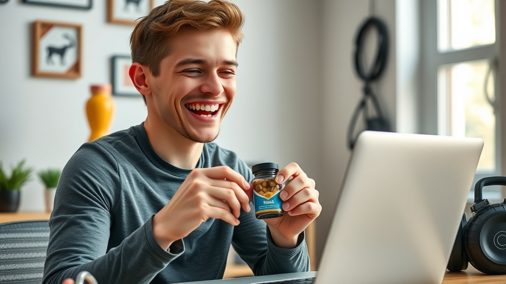 Joyful young adult using Biolimitless at home office – holistic health human potential