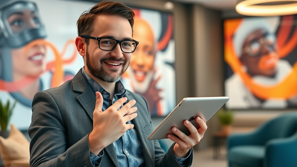 friendly tech advisor explaining talk fusion video email on tablet in modern lounge