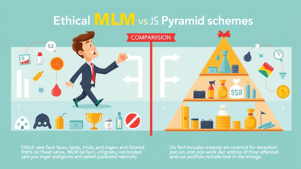 Balanced comparison graphic illustrating the differences between ethical MLM business models and pyramid schemes using vibrant icons and business-focused visuals