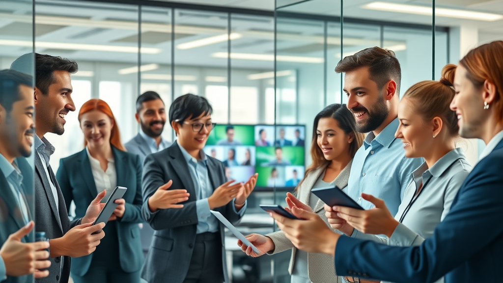 dynamic modern office scene with business professionals using video email communication in a glass-walled workspace showing digital call interfaces | talk fusion