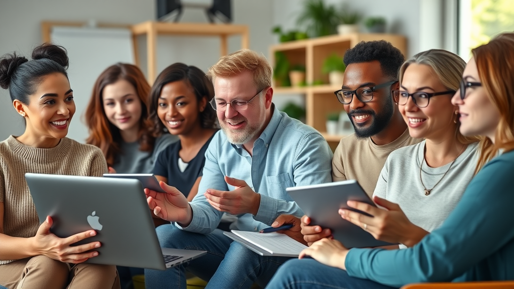 Motivated group of diverse adults watching mlm online tutorials together in a modern home office, taking notes with laptops, highlighting fast-track network marketing training.