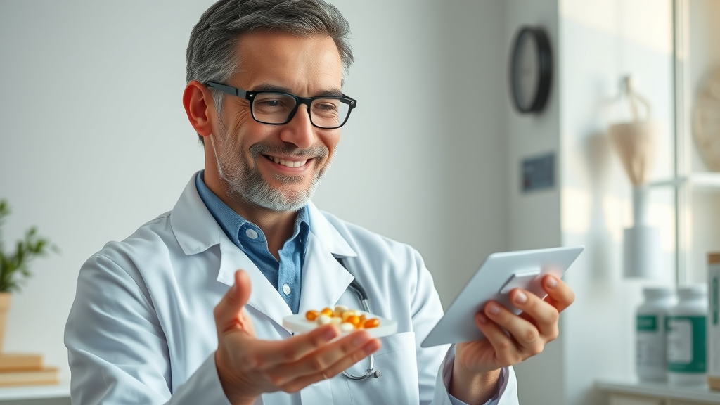 Medical practitioner reviewing safe supplement ingredients for Biolimitless natural nootropics, calm and professional clinical setting