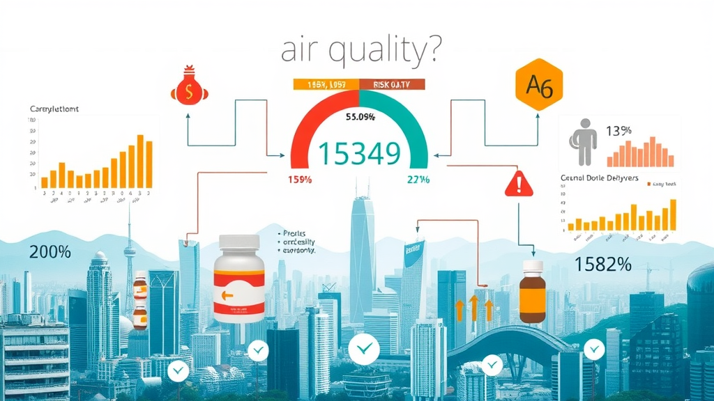 Infographic showing air quality index, risk scores, supplement integration, biolimitless life app factors for physical and mental health