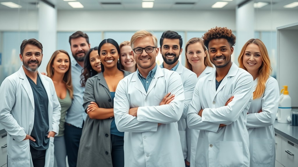 Diverse group maximizing human potential with Biolimitless dosage in a modern laboratory