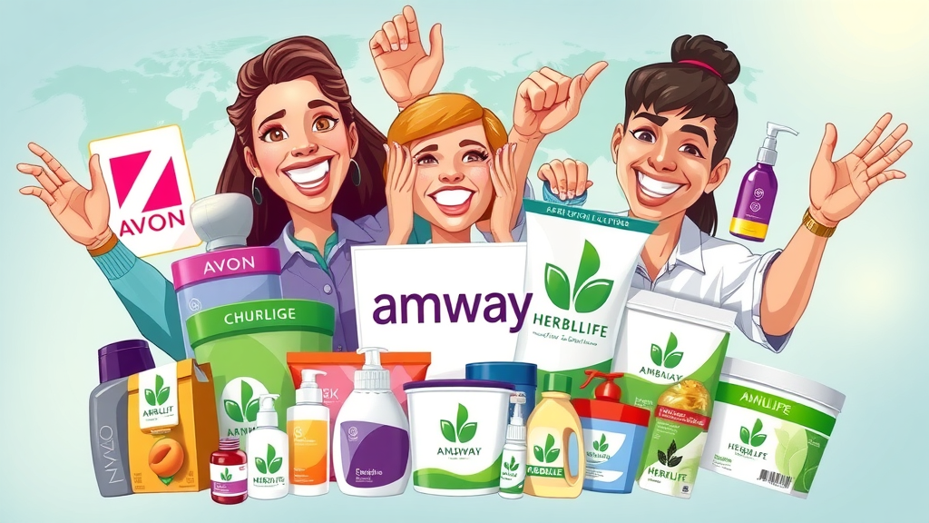 Collage of successful MLM brands including Avon, Amway, and Herbalife showing product diversity, global reach, and legitimate MLM business models
