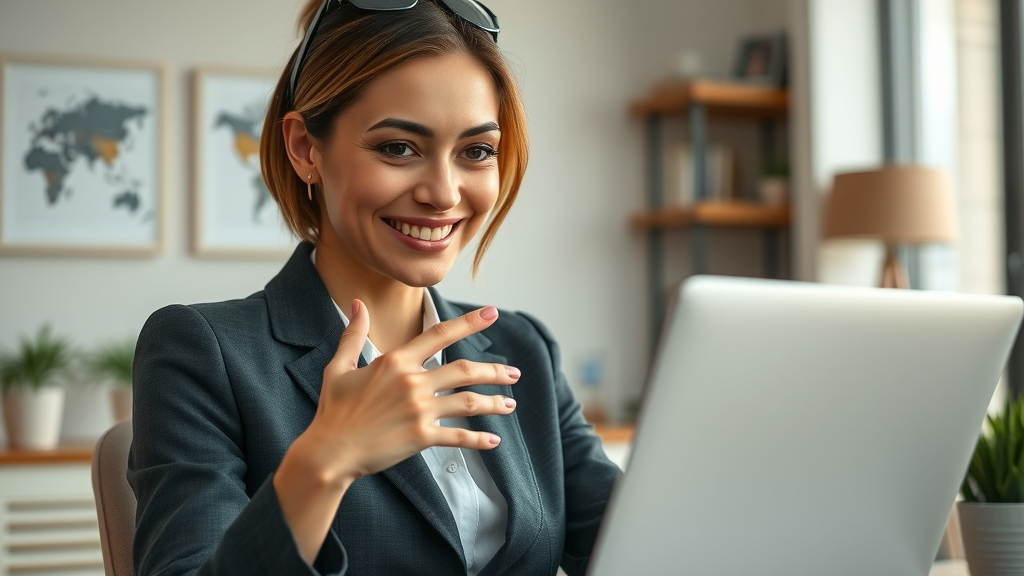 businesswoman recording a video email on laptop in stylish home office using talk fusion