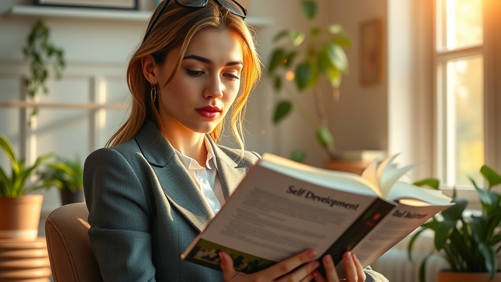 motivated businesswoman reading personal development book for mlm education