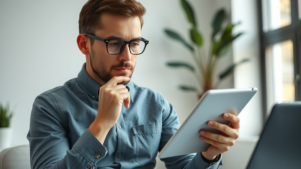 Diligent professional analyzing high-quality MLM online tutorials features on a tablet in a modern minimalist workspace.