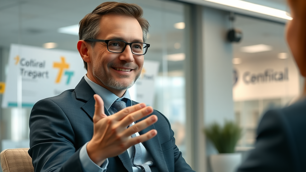 confident executive discussing benefits of multi-level marketing tools in an interview setting