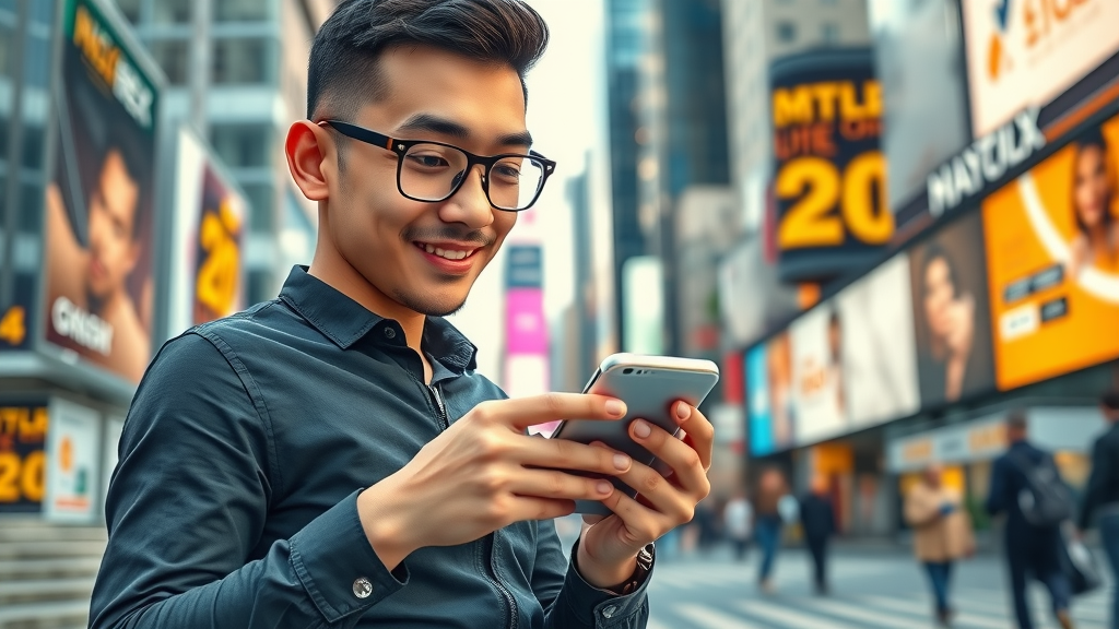 enthusiastic entrepreneur using smart mobile app for multi-level marketing management in city setting