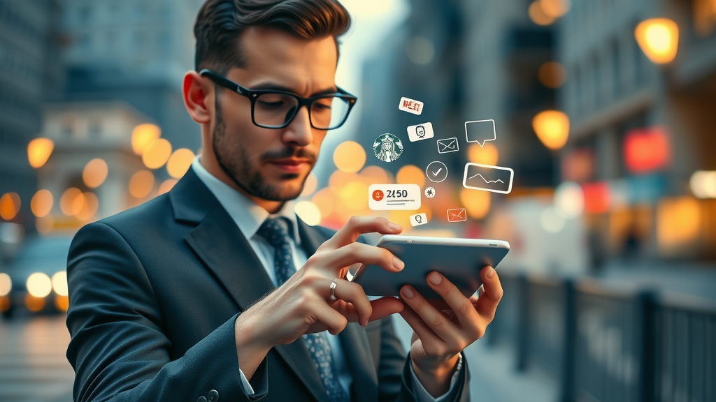 busy professional tracking direct selling sales with mobile multi-level marketing tools app and vibrant notifications