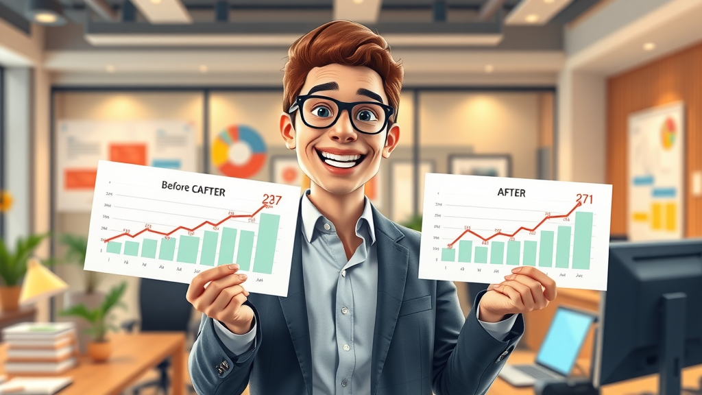 Happy business owner presenting before-and-after charts, demonstrating Talk Fusion video marketing success