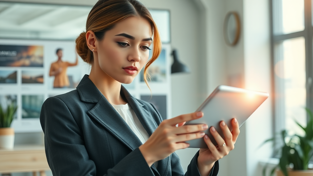 Businesswoman customizing a fusion video email template for Talk Fusion video marketing