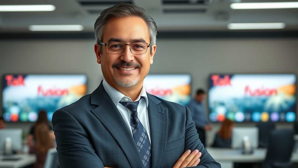 Talk Fusion CEO portrait in modern office setting, leadership and digital branding
