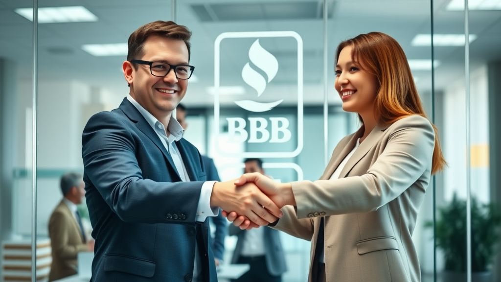 Business professionals shaking hands in modern office, BBB accreditation, trusted talk fusion partnership