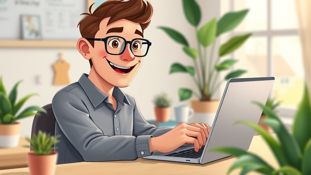 Home-based entrepreneur using talk fusion video email platform, cozy digital workspace